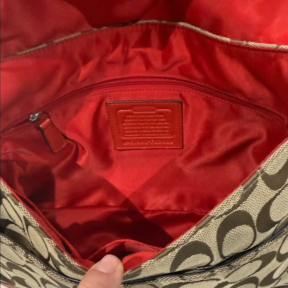 Coach Coral Red and Tan Signature Shoulder Bag